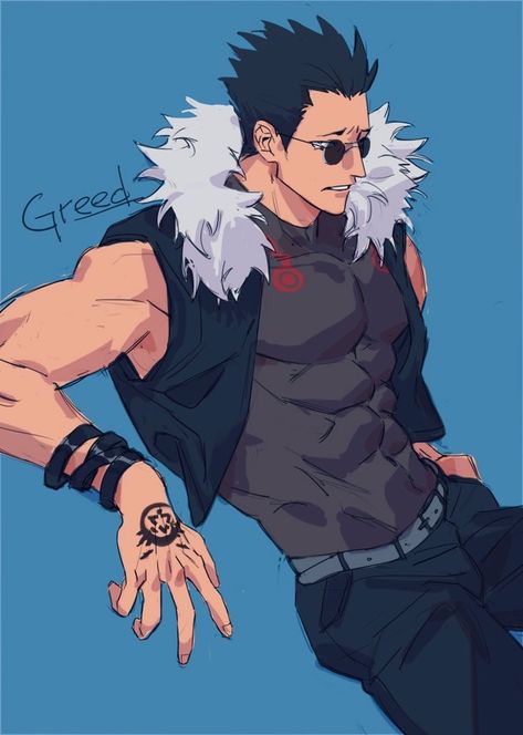 By Toshi_台 @11114tai on Twitter Greed Fullmetal Alchemist, Fma Greed, Fullmetal Brotherhood, Fma Brotherhood, Full Metal Alchemist, Fullmetal Alchemist Brotherhood, Gurren Lagann, Anime Nerd, Character Design Male