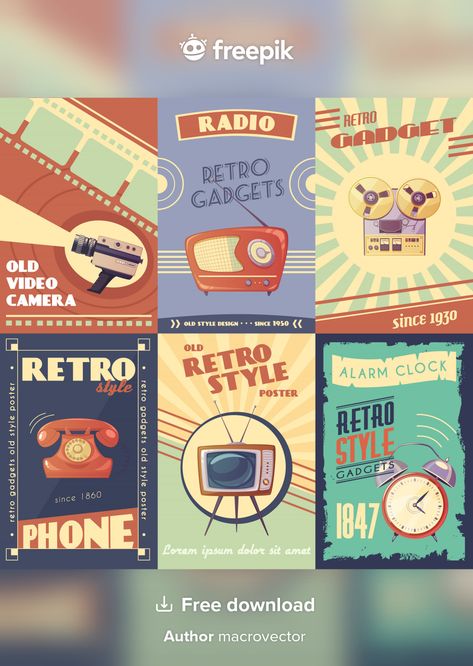 Retro gadgets cartoon posters with camer... | Free Vector #Freepik #freevector #background #banner #poster #vintage 80s Background, Clock Vector, Luxe Logo, Logo Luxe, Yellow Business Card, Logo Retro, Retro Gadgets, Vintage Hipster, Cartoon Posters