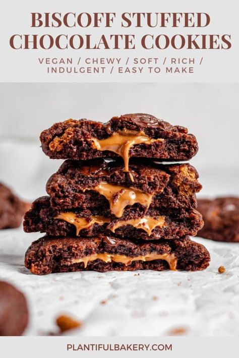 Vegan Biscoff Stuffed Chocolate Cookies - Plantiful Bakery Stuffed Chocolate Cookies, Vegan Condensed Milk, Biscoff Recipes, Vegan Cookies Recipes, Lotus Biscoff, Dairy Free Eggs, Cookie Calories, Vegan Dessert Recipes, Vegan Condiments