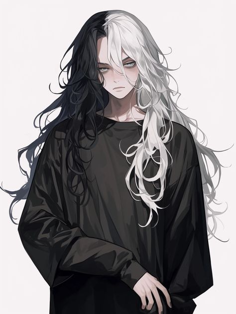 Pretty Male Oc Art, Anime Boy Long Black Hair, Black White Hair, Anime Monsters, Roleplay Characters, Long Black Hair, Graphic Wallpaper, Fantasy Art Landscapes, Character Design Male