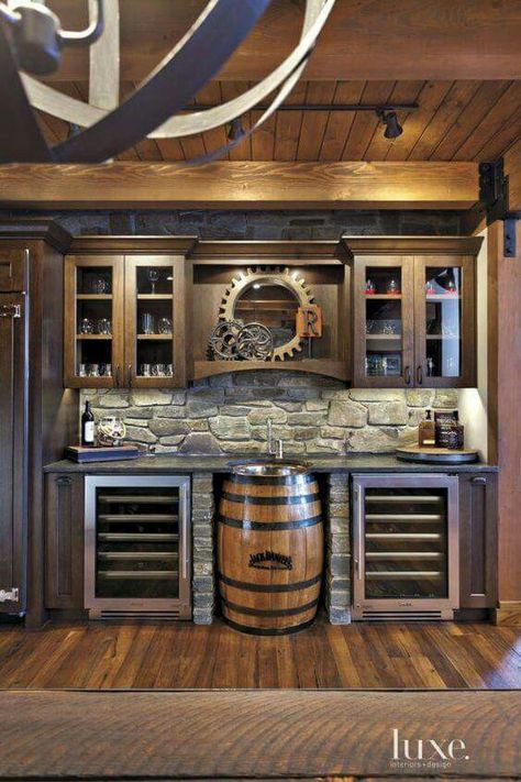 Cool Log Bar Ideas, Outdoor Wet Bar Ideas, Bourbon Room Ideas Rustic, Stone Bar Ideas, Basement Farmhouse Style, Steampunk Basement, Bar Ideas For Home Living Rooms, Luxury Man Cave, Unique Bar Ideas