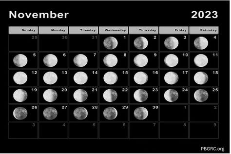 Moon Phase November 2023 Calendar With Dates November 2023 Calendar, Moon Phases Calendar, Nighttime Sky, Lunar Magic, Moon Phase Calendar, November Calendar, Lunar Phases, Holiday Dates, 2023 Calendar