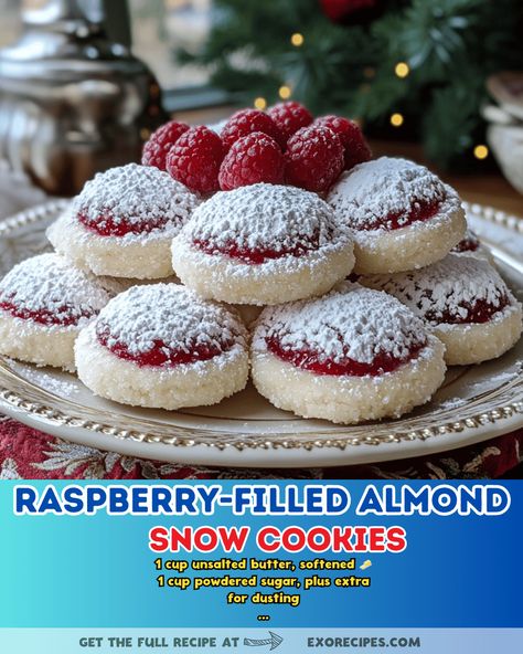 Indulge in the deliciousness of Raspberry-Filled Almond Snow Cookies! These 100% unique treats are crafted with Pinterest guidelines in mind, guaranteed to wow your taste buds. #cookies #recipes #desserts #baking #almond #raspberry Raspberry Filled Almond Snowball Cookies, Almond Snowball Cookies, Soft Almond Cookies, Snow Cookies, Brown Sugar Pork Chops, Unique Treats, Cheesecake Trifle, Bread Sticks Recipe, Christmas Fudge