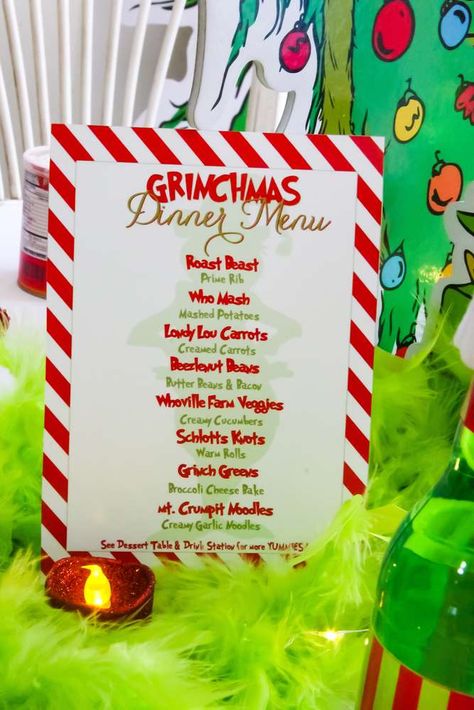 Grinchmas Dinner Ideas, Whoville Party Food, Grinch Menu Printable, Grinch Menu Ideas, Grinch Dinner Menu Ideas, Grinch Foods, Grinch Dinner, Grinch Table, Grinch Night