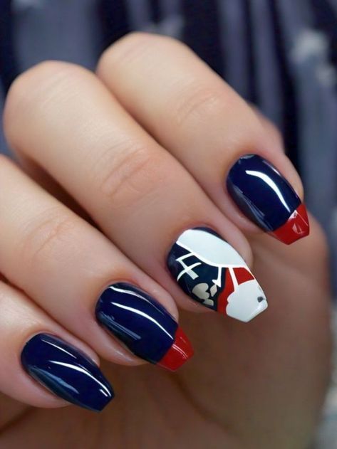 Patriots Championship Ring nail design is a unique way to celebrate the team's victories. The intricate detailing and incorporation of elements from the Championship Season make this nail art truly authentic. Adding the year of the victory and small stones for a realistic touch will elevate your design. Show off your Patriots pride in style with this innovative nail art. Ring Nail Design, Number Nails Design, Patriotic Nails Design, Silver Nail Polish, Polish Words, Jersey Patriots, Patriots Logo, Blue Polish, Loose Glitter