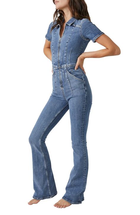 Blue Jean Jumpsuits For Women, Blue Jean Jumpsuit, Denim Jumpsuit Outfit, Work Jumpsuit, Flared Jumpsuit, Free People Jumpsuit, Denim And Diamonds, Jumpsuit Blue, Flare Jumpsuit