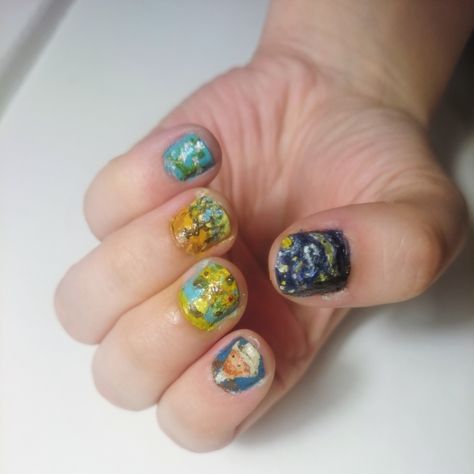 Nail art inspired by Vincent van Goghs paintings. One of my favourite nail arts to date! ⭐ Van Gogh Nails, Art Van Gogh, Vincent Van Gogh Paintings, Van Gogh Paintings, Art Van, Vincent Van, Nail Arts, Vincent Van Gogh, Van Gogh