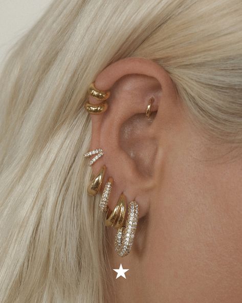 Earring Stacks, Gold And Silver Earrings, Sensitive Ears Earrings, Earring Stack, Piercing Inspo, Pretty Ear Piercings, Cute Ear Piercings, Luv Aj, Ear Earrings