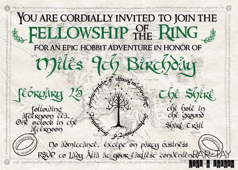 Lord of the Rings Party Invitation - Party Like a Cherry Lord Of The Rings Birthday Invitations, Lord Of The Rings Party, Lord Of The Rings Birthday, Lotr Party, 34th Birthday, Second Breakfast, 9th Birthday Parties, Invitation Party, Kids Party Food