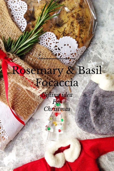 Gifting idea for Christmas: My homemade Rosemary & basil focaccia in a beautiful festive wrapping. Check out my story on Steller Basil Focaccia, Helen Lee, Bread Gifts, Foccacia Bread, Focaccia Bread, Christmas Baskets, Gift Cake, Bread Basket, Christmas Games