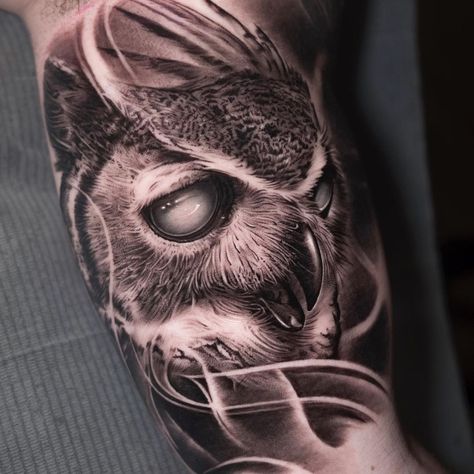 Tattoo Ideas Owl, Black And Grey Realism Tattoo, Owl Skull Tattoos, Owl Eye Tattoo, Black And Grey Realism, Dallas Tattoo, Animal Tattoo Ideas, Owl Tattoo Design, True Tattoo