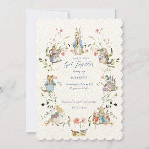 Peter the Rabbit Wildflower Baby Shower Invitation | Zazzle Rabbit Baby Shower Ideas, Peter Rabbit Baby Shower Ideas, Spring Baby Shower Themes, Peter The Rabbit, Wildflower Baby Shower, Sprinkle Baby Shower, Spring Baby Shower, Baby Planning, Twins Baby Shower