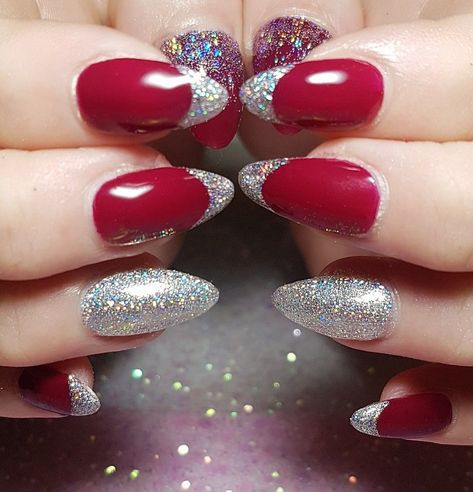 Red And Silver Manicure, Red Nails With Silver Glitter Ombre, Christmas Nails Red And Silver Glitter, Red And Silver Sparkly Nails, Christmas Nails Silver And Red, Red Nails Silver Tips, Red Nails With Sparkle Tips, Red Nails Silver Glitter, Red Nails With Silver Tips