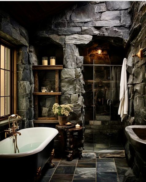 Gothic Bathroom Ideas, Stone House Plans, Small Stone House, Gothic Bathroom, Dark Bathroom Ideas, Stone Bathroom, Rustic Home Design, Dream House Interior, Rustic Bathroom