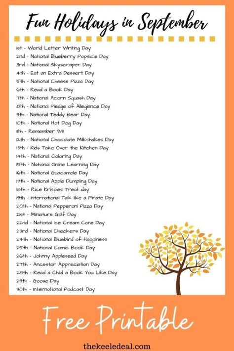 September Printables, National Days In September, Monthly Holidays, National Cheese Pizza Day, Holidays In September, National Holiday Calendar, Fall Traditions, Season Activity, September Holidays