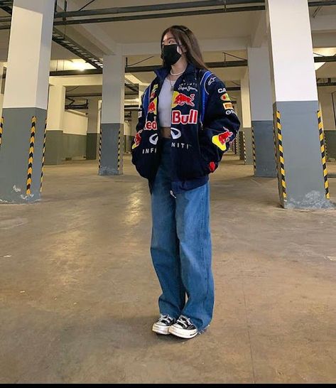 90s Streetwear Aesthetic, Racing Jacket Outfit, F1 Redbull, Vintage Racing Jacket, Preppy Aesthetic Outfits, Nascar Jacket, Vintage Nascar, Y2k Preppy, Thrifted Outfits