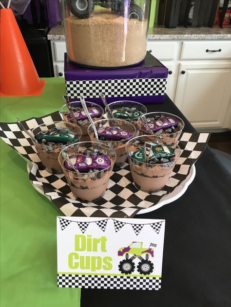 Monster Truck Birthday Party Snacks, Monster Truck Treat Table, Monster Truck Dirt Cups, Monster Jam Party Food Ideas, Monster Jam Bday Party, 3rd Monster Truck Birthday, Monster Truck Birthday Snacks, Monster Truck Party Snacks, Monster Trucks Birthday Cake