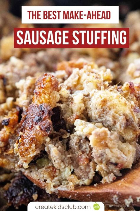 The BEST Make-Ahead Stuffing recipe! Made with dried bread, sausage, beef, and bacon along with extra moisture from applesauce, milk, and broth. Make the day before then cook before your holiday meal. #stuffingrecipes #sausagestuffing #thebeststuffingrecipe #makeaheadstuffing #createkidsclub Turkey Stuffing With Sausage Meat, Easy Sausage Stuffing, Make Ahead Stuffing, Sausage Dressing, The Best Stuffing, Easy Stuffing Recipe, Sausage Cornbread Stuffing, Sausage Stuffing Recipe, Dressing Recipes Thanksgiving