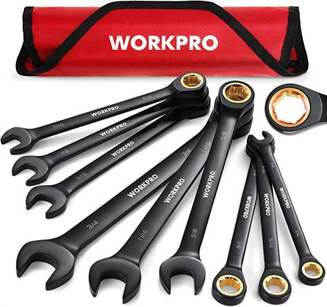 WORKPRO 9-Piece Anti-Slip Ratcheting Combination Wrench Set, SAE 1/4"-3/4", 72-Teeth, Cr-V Constructed, Black Ratchet Wrenches Set with Roll Up Pouch - - Amazon.com Wrench Storage, Wrench Organizer, Wrench Sizes, Construction Worker, Socket Wrenches, Woodworking Wood, Wrench Set, Socket Set, Bike Shop