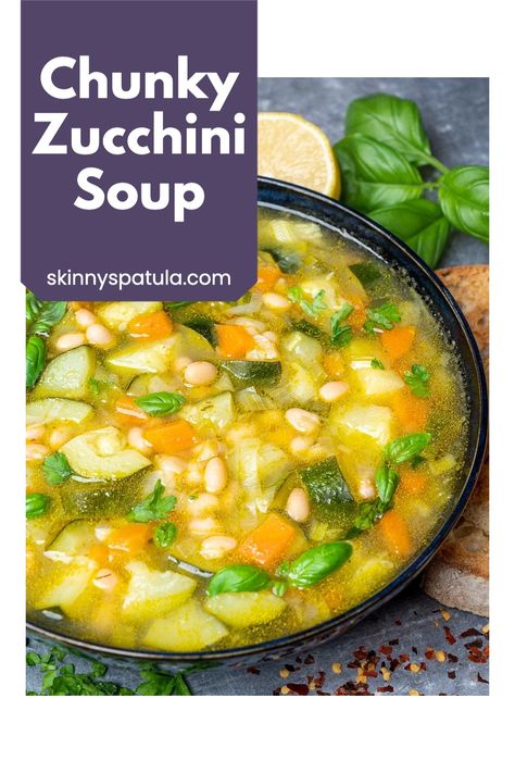 This chunky zucchini soup with white beans comes together in just about 40 minutes, and it's just the perfect veggie meal for Meatless Mondays, or simply on those days you have too many zucchini on hand. Chunky Zucchini Soup With White Beans, Zucchini Bean Soup, Zucchini Crockpot Soup, Soup With White Beans, Zucchini Soup Recipes, Easy Vegan Soup, Veggie Meal, Fish Pasta, Creamy Mushroom Chicken