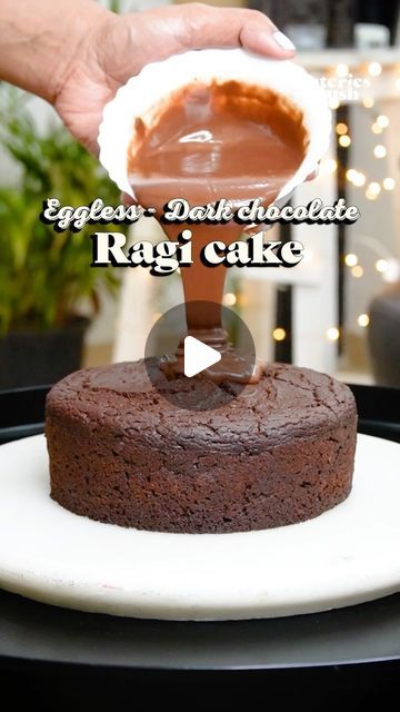 Eateries Crush 🥞 on Instagram: "Ragi cake ♥️ Dark chocolate flavour 🍫 #eggless ☺️  This moist & fluffy decadent chocolate cake is something you can indulge in guilt-free 😍  🍫Recipe measurements:- - 1/2 cup butter/120gms - 3/4 cup jaggery powder - 1 tsp coffee powder - 1/2 tsp vanilla extract - 1/4 cup + 2 tbsp hot water - 3/4 cup + 2 tbsp yogurt - 1/2 cup ragi flour - 1/2 cup whole wheat flour  - 1 tsp baking powder - 1/2 tsp baking soda - 1/4 cup cocoa powder  🍫Chocolate ganache  - 60gms dark chocolate 55%  - 60gms fresh cream   🍫Steps:- - Mix melted butter, jaggery powder, vanilla extract together, - Add hot water & coffee powder, mix until combined, - Add curd and whisk again, Now sift and add in all the dry ingredients - ragi flour, whole wheat flour, cocoa powder, baking powder Dark Chocolate Cake Mix Recipes, Ragi Chocolate Cake, Ragi Cake Recipe, Best Eggless Chocolate Cake Recipe, Cake Dark Chocolate, Chocolate Cake Mix Recipes, Ragi Flour, Jaggery Powder, Healthy Chocolate Cake