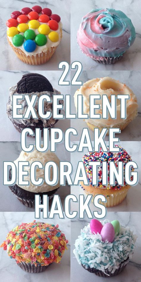 So you've been invited to a dinner party (and instructed to bring dessert.) Cosmo has the perfect plan: whip up a batch of boxed cupcakes, then try these super festive decorating hacks! Cupcake Decorating Hacks, Simple Cupcakes Decoration, Easy Cupcake Decorating Ideas Simple, Simple Cupcake Decorations, Tools Cupcakes, Simple Cupcake Decorating Ideas, Cupcake Hacks, Cupcake Decoration Ideas, Simple Lasagna