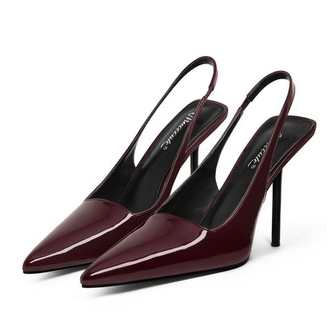 PRICES MAY VARY. Heel Height: These burgundy slingback heels have a heel height of 4 inches (10.2 cm). The elegant heel design enhances the overall fashionable look. Design Features: Closed pointy toe and backless stiletto heels create elegant lines, while the elastic strap design enhances the comfort of the high heels. Material Details: Glossy patent leather with a soft and comfortable insole that reduces foot pressure, while the non-slip rubber outsole provides stability. Suitable Occasions: T Black Slingback Heels, Stretch Strap, Heel Stretch, Pointy Heels, Elegant Heels, Slip On Pumps, Heels Classy, Slingback Heels, Heel Design