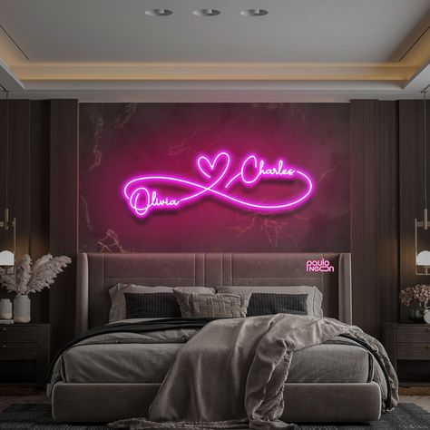 #NeonSignNames #NeonInspiration #NeonSigns #BrightIdeas Neon Gift Ideas, Neon Sign Wedding Backdrop, Neon Signs Bedroom, Neon Signs For Bedroom, Anniversary Backdrop, Led Sign Wall, Last Name Sign Wedding, Luxury Bedroom Interior, Bedrooms For Couples