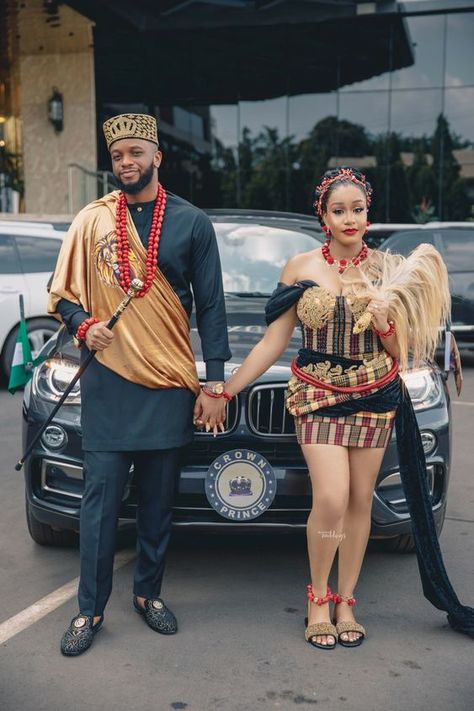 First Outing For Igbo Traditional Marriage, Igbo Bride Traditional Weddings, Igbo Wedding Dress, Nigerian Traditional Dresses, Igbo Traditional Wedding, Couples African Outfits, Igbo Bride, African Bridal Dress, Igbo Wedding