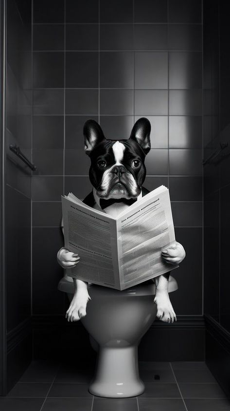 A dog sitting in the toilet and reading newspaper bathroom mammal black.  | premium image by rawpixel.com / Pitcha Benrohman Cool Dog Wallpaper, Dark Iphone Wallpaper, French Bulldog Wallpaper, Funny Dog Images, Funny Dog Art, Iphone Wallpaper Dark, Iphone Wallpaper Black, France Wallpaper, Iphone Wallpaper Iphone