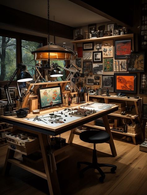 Office And Workshop Space, Crafting Room Ideas, Art Desk Setup, Workshop Space Design, Workshop Bedroom, Cozy Workshop, Hobby Room Design, Steampunk Interior, Studio At Home