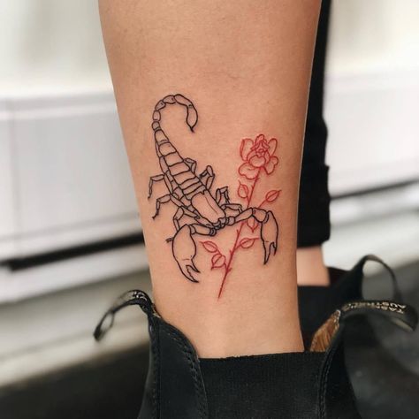 Black, outline scorpion and red rose tattoo inked on the right ankle Tato Jari, Scorpio Tattoo, Red Rose Tattoo, Tattoos For Women Half Sleeve, Scorpion Tattoo, Cat Tattoos, Rosen Tattoo, Red Tattoos, Tiny Tattoo