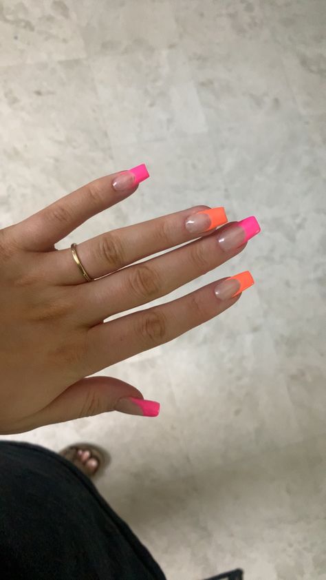 Pink And Organs Nails, Cute Vibrant Nails, Bright Color French Tip Nails Square, Bright Color Vacation Nails, Summer Nails Pink And Orange French, Bright Nails French Tips, Hot Pink And Orange Nails French Tip, Vibrant French Tip Nails, Bright Summer Acrylic Nails Designs