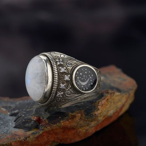 Antique Mens Rings, Cosmic Ring, Special Gifts For Him, Moonstone Rings, Retirement Gifts For Men, Silver Men Ring, Man Ring, Ring Man, Moon And Star Ring