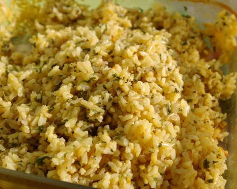 Parmesan Lemon Herb Brown Rice Recipe - Food.com Baked Brown Rice, Brown Rice Recipe, Rice Side, Brown Rice Recipes, Rice Side Dishes, Lemon Rice, My Notes, Lemon Herb, Glass Baking Dish