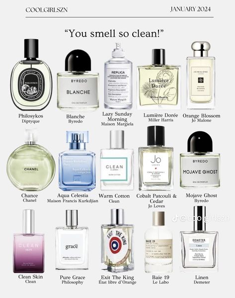 Best Clean Scent Perfume, Perfume Mixing Fragrance, Perfume Chart, Clean Perfume Scents, Perfumes That Last All Day, Clean Smelling Perfume, Teknik Makeup, Koleksi Parfum, Fragrance Lab