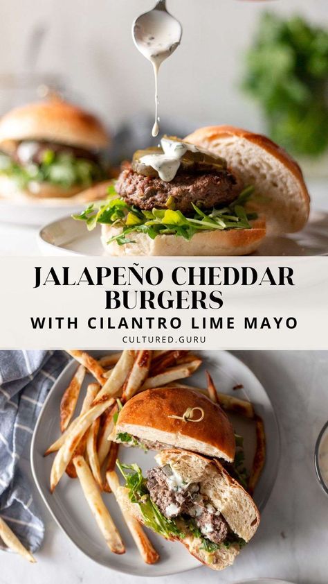 If you like cheddar cheese, fermented peppers, or jalapeno poppers, then you are going to love these jalapeño cheddar burgers! These homemade Jalapeno Cheddar Burgers are made with grass-fed lean ground beef, sharp cheddar cheese, fermented jalapenos, and my special seasoning blend. The cheddar and fermented jalapenos are added into the grass-fed beef burger patties, for a flavorful, juicy, slightly spicy burger you'll want to make for every summer barbecue. Fermented Jalapenos, Jalepeno Burgers, Jalapeno Burger Recipe, Cheddar Burgers Recipe, Fermented Peppers, Handheld Recipes, Beef Burger Patties, Unique Burger Recipes, Burger Patty Recipe