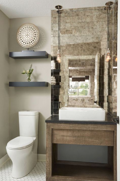 Stairs:  like shelves over toilet. Phenomenal Powder Room Ideas & Half Bath Designs - Sebring Design Build Powder Bathroom Decor, Half Bathroom Design Ideas, Transitional Powder Room, Half Bath Design, Half Bathroom Design, Powder Room Design Ideas, Small Half Bathroom, Powder Room Remodel, Bathroom Basement