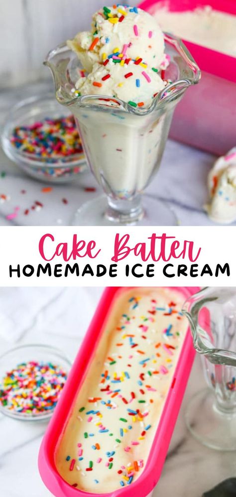 Cool off with Cake Batter Ice Cream! A scoop or two of this delicious ice cream with a creamy vanilla base, real cake mix and sprinkles, is the perfect refresher any time of year, but especially as a summertime treat. If cake batter is your favorite, then check out these Cake Batter Rice Krispies Treats, too! They're a wonderful summer dessert! Cake Batter Ice Cream Recipe, Homemade Cake Batter, Soft Serve Ice Cream Recipes, Make Ice Cream Cake, Cake Batter Fudge, Cake Batter Recipes, Homemade Cake Mixes, Cake Batter Ice Cream, Ice Cream Recipes Machine