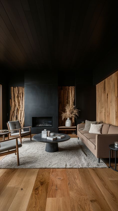 Black Living Room Designs, Black Living Room Ideas, Monochromatic Living Room, Black Wood Floors, Unique Decor Ideas, Black Velvet Sofa, Decor Ideas For Apartments, Ideas For Apartments, Tan Walls