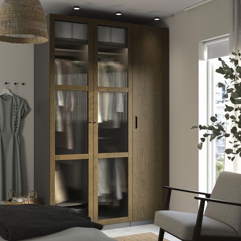 Ikea Wardrobe In Bedroom, Ikea Pax Glass Doors, Brown Wardrobe Bedroom, Built In Closet Ideas, Glass Door Wardrobe, Armoire Ikea, Interior Ikea, Armoire Pax, Built In Closet