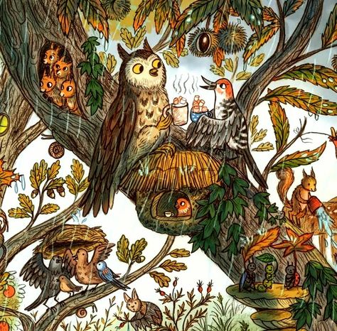 Hot Chocolate Illustration, Freya Hartas, Chocolate Illustration, Storybook Art, Tree Houses, Fairytale Art, A Rainy Day, Woodland Creatures, Happy Animals