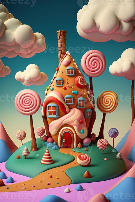 Candy Fantasy Land, Gingerbread House Illustration Art, Candy Land Illustration, Candy World Drawing, Candy Land Painting, Candyland Illustration, Candy Land Drawing, Candy House Illustration, Candy House Drawing