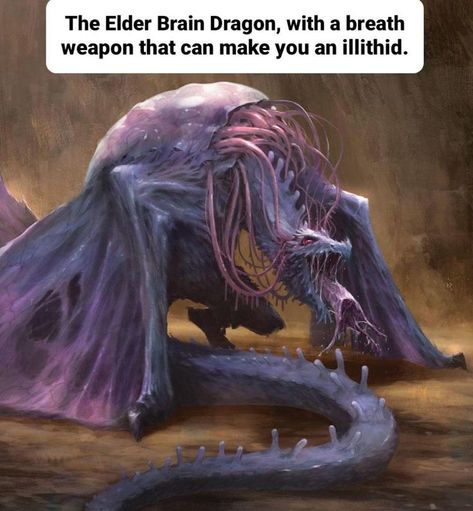 Elder Brain Dragon - An elder brain dragon was an aberration that was formed when an illithid elder brain took over the body of a living dragon. Their breath weapon is a stream of brine filled with illithid tadpoles that easily transform victims into new Mind Flayers in short time. | 2022-11-25 Elder Brain Dragon, Elder Brain, Call Of Cthulhu Rpg, Mind Flayer, Villain Character, Dnd Dragons, Cthulhu Mythos, Dungeons And Dragons Game, Dnd Monsters