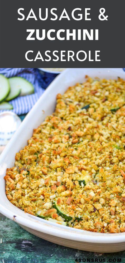 Sausage and zucchini casserole uses up all that garden fresh summer squash. This delicious dinner is comfort food you can feel good about serving to your family any day of the week. #casserole #casserolerecipe #recipe Zucchini Sausage Stuffing Casserole, Zucchini Sausage Casserole Recipes, Sausage Zucchini Recipes, Zucchini Sausage Casserole, Baked Summer Squash, Cheesy Zucchini Rice, Ground Sausage Recipes, Summer Squash Casserole, Best Freezer Meals