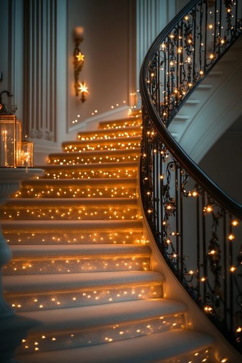 Sparkling Starlight Staircase Celestial Christmas Aesthetic, Christmas Star Aesthetic, Christmas Railing Decor Indoor, Christmas Aesthetic White, Christmas Railing, Christmas Aesthetic Ideas, Green Family Rooms, Celestial Christmas, Dreamy Christmas