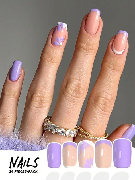 Purple  Collar   Colorblock Color Nails Embellished   Nail,Hand & Foot Care Purple French, Daisy Petals, Purple Collar, Color Nails, April 20, Foot Care, False Nails, Nail File, Simple Style