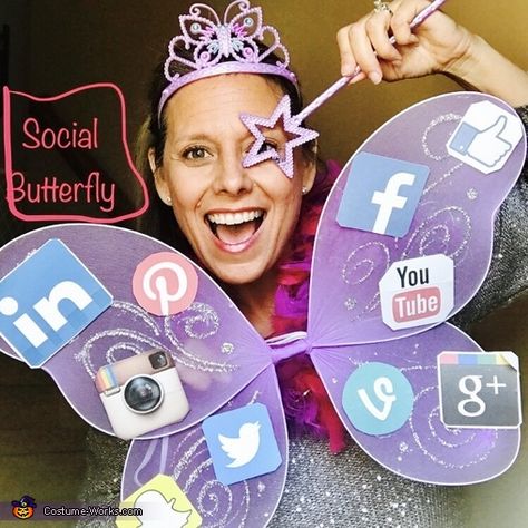 Holloween Costume Ideas Butterfly, Adult Butterfly Costume Diy, Social Media Costumes, Social Butterfly Costume, Social Butterfly Badge Junior, Women’s Butterfly Costume, Butterfly Costume Kids, Halloween Costume Puns, Butterfly Halloween Costume