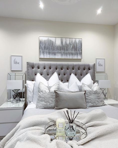 White And Silver Bedroom, Headboard Bedroom, Glam Bedroom Decor, Silver Bedroom, Grey Headboard, Glam Bedroom, Classy Bedroom, Guest Bedroom Decor, Grey Home Decor