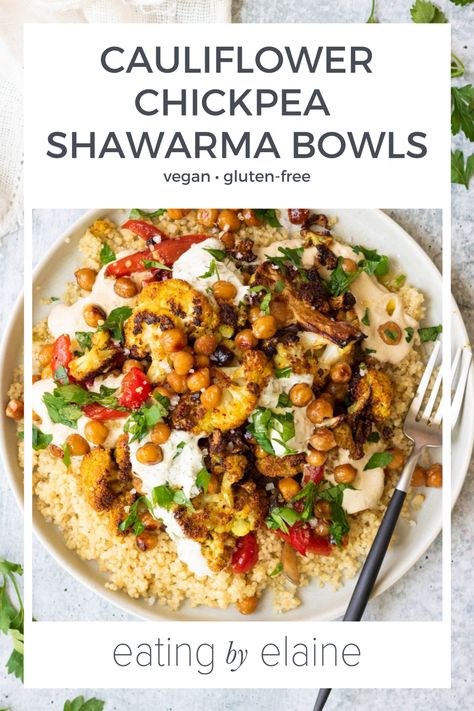 Cauliflower Schwarma Bowl, Vegetarian Shawarma Bowl, Middle Eastern Bowl Recipes, Vegetarian Middle Eastern Dishes, Middle Eastern Bowl, Cauliflower Tzatziki Bowls, Vegan Street Food, Middle Eastern Vegetarian Recipes, Chickpea Shawarma